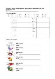 English Worksheet: Kids review - Numbers, Colours, Body, Animals, Here and There