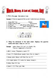 English Worksheet: MUCH, MANY, A LOT OF, SOME, ANY