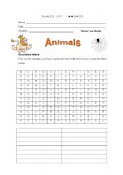 English worksheet: Scrambled letters with animals