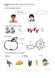 English Worksheet: Review for kids - Numbers, colours, greetings