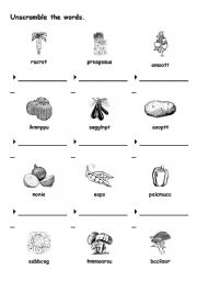 English Worksheet: unscramble vegetable words.