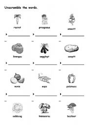 English worksheet: unscramble vegetable words.