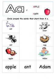English worksheet: Phonics What words start from A a?