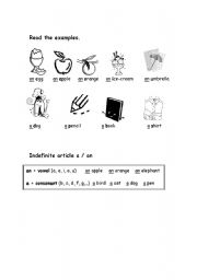 English worksheet: Indefinite article a an