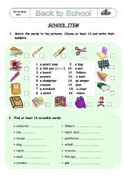 English Worksheet: school items