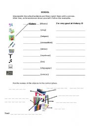 English worksheet: School subejcts and objects