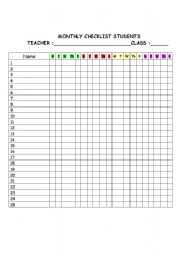 English Worksheet: MONTHLY CHECKLIST STUDENTS