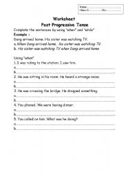 English Worksheet: past progressive tense with when and while