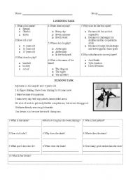 English Worksheet: leisure activities reading and listening test