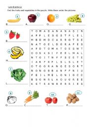 English Worksheet: fruit and vegetables wordsearch