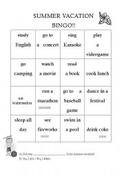 English Worksheet: Summer vacation bingo