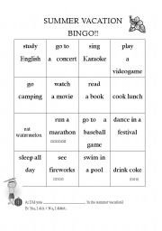 Summer vacation bingo