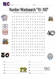 English Worksheet: 10-100 Wordsearch