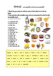 English Worksheet: Food - countable and uncountable