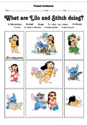 English Worksheet: Present Continuous: What are Lilo and Stitch doing?