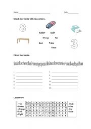 English worksheet: numbers, colours and objects