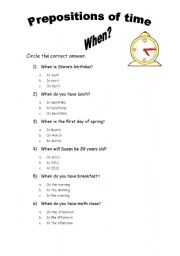 English Worksheet: Prepositions of time