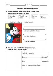 English Worksheet: Introduce yourself, meet Mickey Mouse