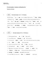 English Worksheet: Pre-intermadiate Grammar and reading test