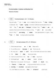 English worksheet: Pre-intermadiate Grammar and reading test