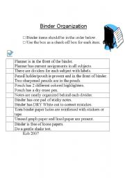English worksheet: Binder Organization
