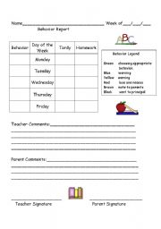 English worksheet: Weekly Behavior Report 