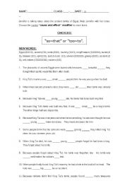 English Worksheet: Cause and Effect:  Adjective Modifiers: so~that; too~to while learning about Egypt