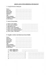 English worksheet: personal information