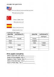 English worksheet: countries and nationalities