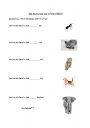 English worksheet: Old MacDonald indefinite article worksheet, page 1