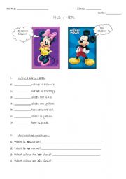 English Worksheet: HIS and HER with Mickey and Minnie