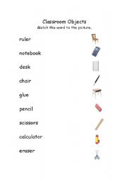 English worksheet: classroom objects matching