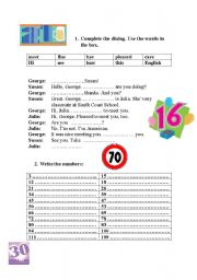 English Worksheet: complete the dialogue and write the numbers