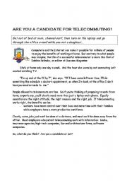 English worksheet: are you a candidate for telecommuting ? - reading