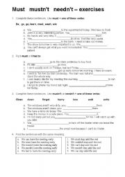 English Worksheet: Modals - Must   mustnt   neednt  exercises