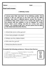 English Worksheet: A Birthady Game /