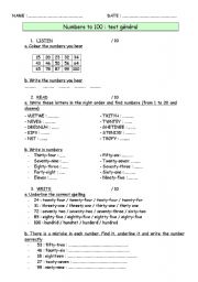English Worksheet: Numbers to 100 : test