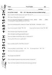 English Worksheet: Reading Inventory