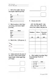 English Worksheet: Classroom objects, numbers, colours