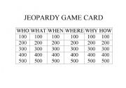 English Worksheet: Jeopardy Game Card and Answers