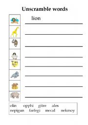 English Worksheet: animals unscramble