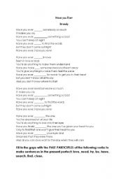 English Worksheet: Song: Have you ever?  by Brandy. Present perfect gap fill.