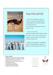 English Worksheet: Some birds cant fly - Reading Comprehension (Modals with Can/Cant)