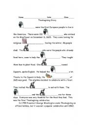 English Worksheet: Thanksgiving History Cloze #1