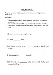 English Worksheet: To, Too, and Two