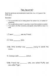 English worksheet: To, Too, and Two