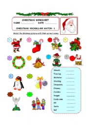 English Worksheet: Christmas Vocabulary - Match -1