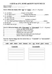 English Worksheet: A QUIZ on ANY, SOME and HOW MANY/MUCH