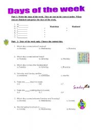 English Worksheet: Days of the week and school subjects
