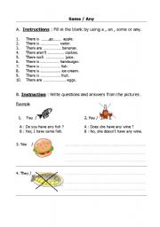 English Worksheet: Some / Any